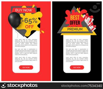 Best discount and products, 65 percent sale vector web site templates. Present boxes bought in shops and stores with promotion and propositions offers. Best Discount and Products, 65 Percent Sale Banner