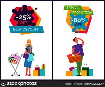 Best discount and special promotion -80  collection of posters, headlines and images of woman with bags in cart and man on vector illustration. Best Discount and Special Vector Illustration