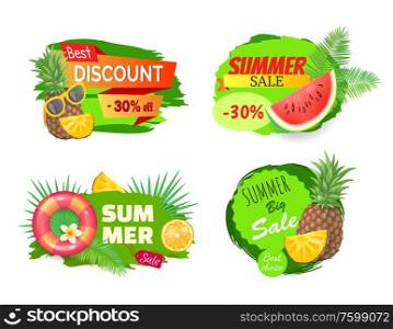 Best discount and summer sales banners set. Pineapple with sunglasses, watermelon fruit and saving ring lifebuoy. Tropical leaves of palm tree vector. Best Discount Summer Sales Vector Illustration