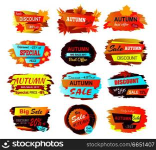 Best discount autumn sale, collection of stickers made up of titles, percents and decorative elements, such as foliage vector illustration. Best Discount Autumn Sale Vector Illustration