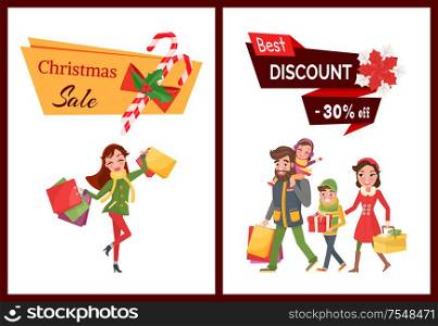 Best discount Christmas sale 30 percent off set winter holiday vector. Family mother father and daughter with packages and presents, lollipop stick candy. Best Discount Christmas Sale 30 Percent Off Set