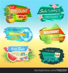 Best discount labels with pineapple, summer sale stickers 20, 30 percent off. Pineapple and watermelon, lifebuoy and sunglasses, palm tree leaves vector tags. Best Discount Labels with Pineapple, Summer Sale
