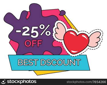 Best discount on sale with big offer for valentines day. Promotion poster with colorful stickers and heart sign. February holiday for lovers to buy gifts. Vector illustration of advert in flat style. Promotional Poster, Best Discount on February Sale