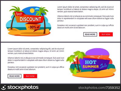 Best discount only at summer online promotion set. Beach and sea on commercial posters for summertime price off with sample text vector illustrations. Best Discount Only at Summer Online Promotion