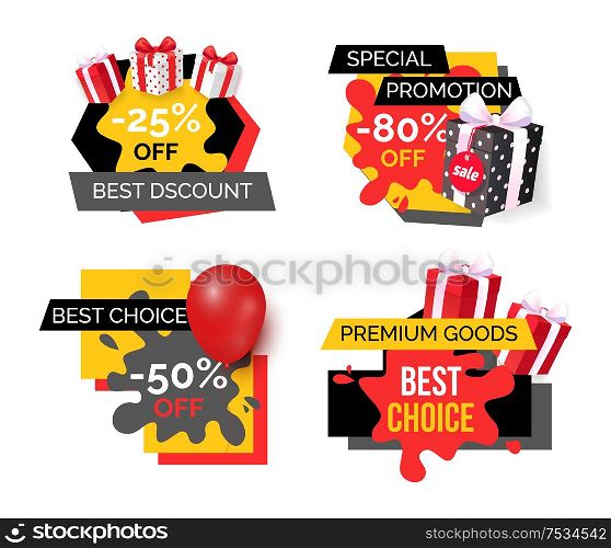 Best discount reduction half of price off isolated banners set vector. Sellout special propositions of shops to clients. Sale promotion with presents. Best Discount Reduction Half Price Off Banners