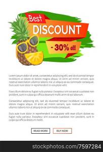 Best discount seasonal summer offer vector. Pineapple with protective sunglasses, tropical fruit and sale 30 off advertisement label, price reduction. Discount Seasonal Summer Offer Vector Label Fruit