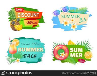 Best discount summer offer banners vector. Cocktail with straw and orange, palm tree leaves and pineapple wearing sunglasses, summertime stikers. Flowers floral elements. Best Discount Summer Offer Vector Illustration