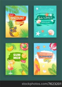 Best discount summer sale vector, banners set. Offers and seasonal propositions. Pineapple and cocktail, surfing board and volleyball ball, seashells. Summertime season sale. Best Discount Summer Sale Vector Illustration