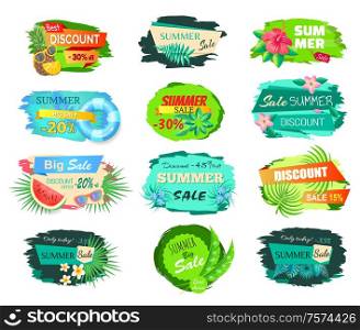 Best discount thirty percent set vector. Banners with proposition of shops, sunglasses and watermelon, pineapple slice and flowering. Tropical flowers. Best Discount Thirty Percent Vector Illustration