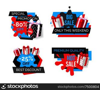 Best discounts only this weekends 25 percent banners set vector. Gifts and presents with ribbons Offers and deal, clearance promotion of store shop. Best Discounts Only This Weekends 25 Percent Set