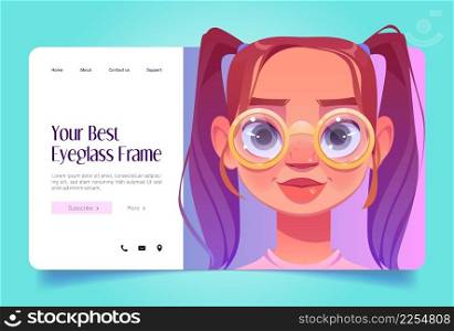 Best eyeglasses frame banner with cute girl in glasses with gold round rim. Vector landing page of fashion optic with cartoon illustration of young woman with spectacles. Best eyeglasses frame banner with girl in glasses