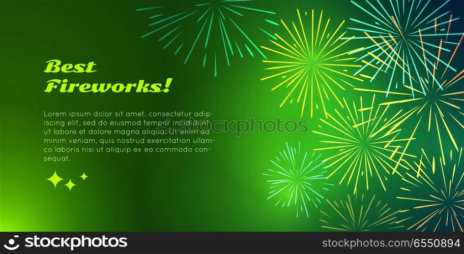 Best fireworks advertisement banner pyrotechnic shop ad. Happy holidays with salute elements for fireworks festival. Vector illustration banner in flat for birthday or valentine s day celebration. Best Fireworks Advertise Banner. Pyrotechnic Shop
