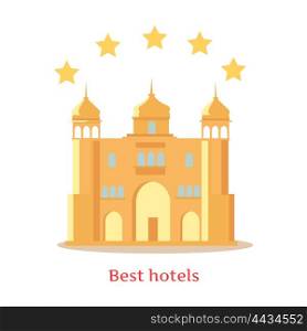 Best Five Stars Indian Hotels Concept. Best Five Stars Indian Hotels vector illustration in flat style design. Luxurious comfort and better service concept. Traditional Indian architecture. Isolated on white background.