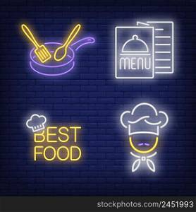 Best food lettering, menu, chef and pan neon signs set. Restaurant, catering, food, dinner design. Night bright neon sign, colorful billboard, light banner. Vector illustration in neon style.