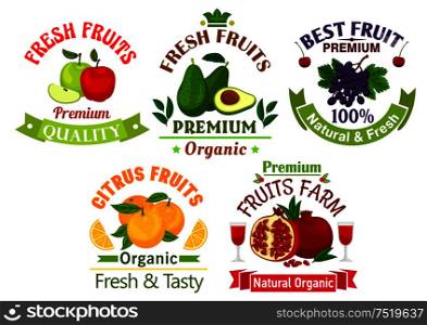 Best fresh juicy fruits. Vector icons of apple, avocado, grape, cherry, orange, pomegranate for juice bottle sticker, grocery, farm store label, packaging and advertising tag, ribbons. Best fresh juicy fruits stickers and labels