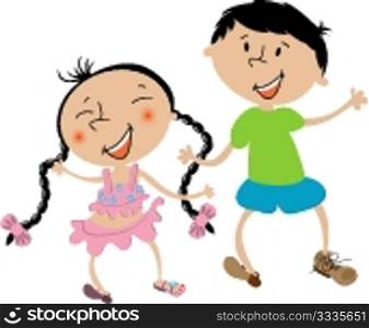 Best friends, boy and girl playing, isolated objects on white
