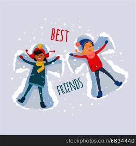 Best friends, brunette and redhead girls in cute winter clothes, make snow angels and have good time together on snowy background. Vector illustration of friendship and spending time together.. Best Friends. Girls Make Snow Angels Illustration