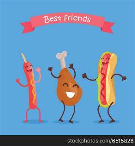 Best friends fast food products concept vector. Flat design. For restaurants menu, diet concepts, web design. Smiling and dancing cartons of sausage, chicken thigh, hod dog. Tasty street snacks. Fast Food Products Concept Vector in Flat Design. Fast Food Products Concept Vector in Flat Design