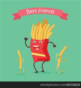 Best friends fast food products concept vector. Flat design. For restaurants menu illustrating, diet concepts, web design. Smiling and dancing carton portion of french fries. Tasty fried street snacks. Fast Food Products Concept Vector in Flat Design. Fast Food Products Concept Vector in Flat Design