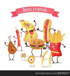 Best Friends, Food Banner. Best friends, food banner. Happy fast food cartoon characters rejoice and dance. French fries, hot dog, pizza, cola, hamburger, fried eggs, chicken leg and bacon cartoon characters. Animated food.