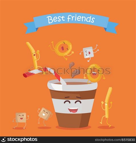 Best Friends, Food Banner. Best friends, food banner. Happy fast food cartoon characters rejoice and dance. French fries, donuts and cola in plastic glass cartoon characters. Animated food on orange background