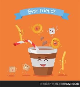 Best Friends, Food Banner. Best friends, food banner. Happy fast food cartoon characters rejoice and dance. French fries, donuts and cola in plastic glass cartoon characters. Animated food on orange background