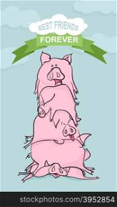 Best friends forever. Funny Pig. Farm animals on blue background