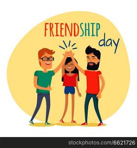 Best friends girl and boys spend fun time, friendship day flat design. Guys and woman dressed in T-shirts clapping hands together above heads. Vector illustration banner in cartoon style. Best Friends Spend Fun Time. Friendship Day Flat