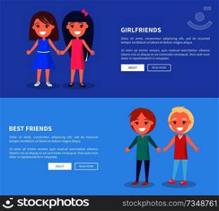 Best friends girlfriends and boyfriends posters of active kids vector set. Happy infants holding hands with place for text on blue web banner. Best Friend Girlfriends and Boyfriends Posters Set