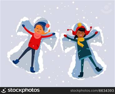 Best friends girls in cute winter clothes, make snow angels and have good time lying on snow with snowflakes. Vector illustration of friendship and spending time together. Winter holiday concept. Best Friends. Girls Make Snow Angels Illustration