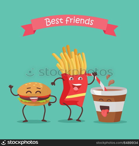 Best Friends Haburger, Fries and Soda Dancing. Best friends hamburger, fries and soda dancing. Funny food story conceptual banner. Fresh cooked food characters in cartoon style on disco. Happy meal for children. Childish menu poster. Vector