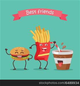 Best Friends Haburger, Fries and Soda Dancing. Best friends hamburger, fries and soda dancing. Funny food story conceptual banner. Fresh cooked food characters in cartoon style on disco. Happy meal for children. Childish menu poster. Vector