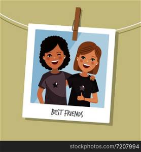 Best friends photo. Two happy girls smilling with short hair. People vector illustration