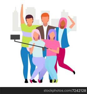 Best friends taking selfie flat vector illustration. Friendship forever concept. Group of young people making photo together cartoon characters. Guys and girl spending time, pastime and have fun