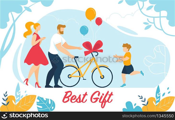 Best Gift Horizontal Banner, Mother and Father Presenting Bicycle Wrapped with Red Bow to Little Son on Birthday. Family Relations, Love, Festive Event Celebration. Cartoon Flat Vector Illustration. Mother and Father Presenting Bicycle to Little Son