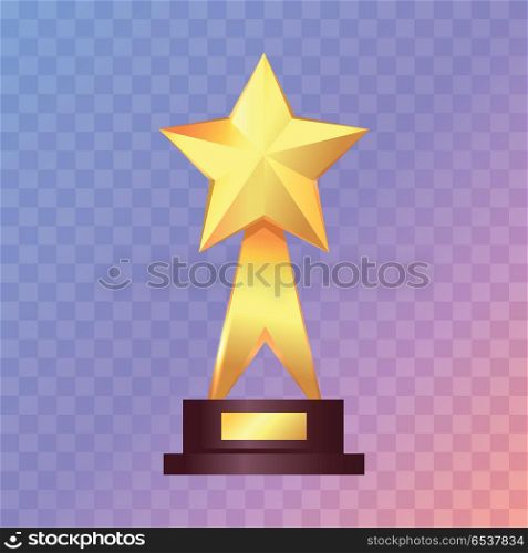 Best Gold Star Trophy Standing on White Shelf. Best gold star trophy standing. Shiny, glossy prize with star on top and two offshoots. Little brown basement. Winning. Flat design. Vector illustration.