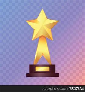 Best Gold Star Trophy Standing on White Shelf. Best gold star trophy standing. Shiny, glossy prize with star on top and two offshoots. Little brown basement. Winning. Flat design. Vector illustration.