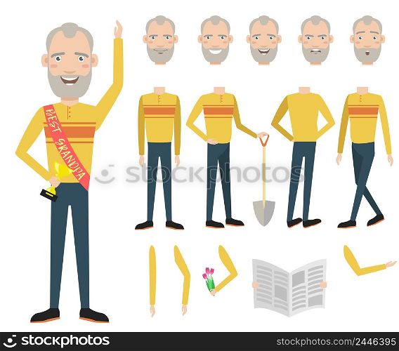 Best grandpa with award character set with different poses, emotions, gestures. Parts of body, newspaper, flowers. Can be used for topics like success, retirement, pensioner