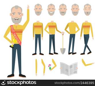 Best grandpa with award character set with different poses, emotions, gestures. Parts of body, newspaper, flowers. Can be used for topics like success, retirement, pensioner