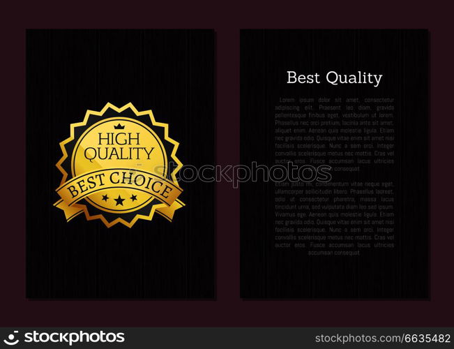 Best high quality award choice vector illustration banner on wooden dark backdrop and place for text poster with golden label and three stars. Best High Quality Award Choice Vector Banner Text