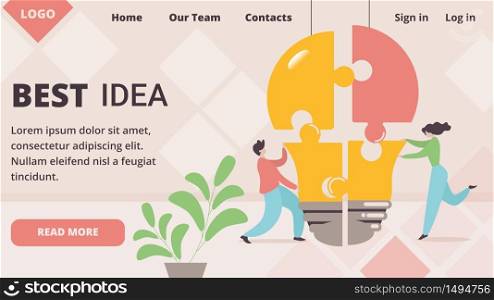 Best Idea Horizontal Banner. Tiny Office People Work Setting Up Huge Light Bulb Separated on Puzzle Pieces. Creative Characters Develop Business Project, Teamwork. Cartoon Flat Vector Illustration. Tiny Office People Work Setting Up Huge Light Bulb