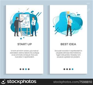 Best idea vector, man with lightbulb having solution for problem in business. Startup presentation of thoughts and plans on whiteboard colleagues. Website or app slider, landing page flat style. Startup and Best Idea, Worker Solution Business