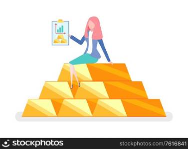 Best invest, woman sitting on pile of gold with folder. Charts and graphs, financial analysis, investment concept, cartoon style female on golden bar isolated. Best Invest, Woman Sitting on Pile of Gold, Charts