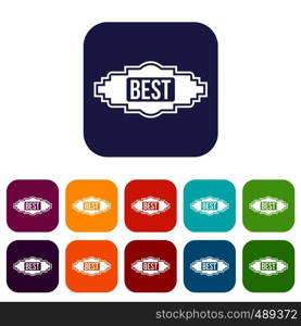 Best label icons set vector illustration in flat style in colors red, blue, green, and other. Best label icons set