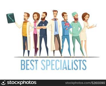 Best Medical Specialists Cartoon Style Illustration. Best medical specialists design with smiling doctors and nurses in various poses cartoon retro style vector illustration