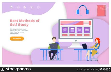 Best methods of self study concept. People working with online courses, educational program. Website design with training content. Students studying online with distance learning via Internet. Best methods of self study concept. People working with online courses, educational program website