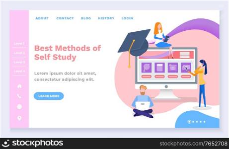 Best methods of self study, education of students. People working on laptop, watching online courses and videos online. Graduation hat on screen. Website or webpage, landing page, vector in flat style. Best Methods of Self Study, Laptop with Courses