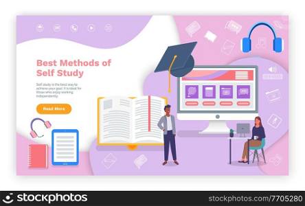 Best methods of self study landing page template flat design. E-learning concept illustration of young people man and woman using laptop, tablet and computer for distance studying and education. E-learning concept illustration of young people using laptop and tablet pc for distance studying