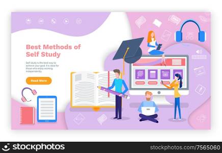 Best methods of self study online education web page vector. Student typing home assignment, laptop with screen of home tasks, smartphone earphones. Best Methods of Self Study Online Education Page