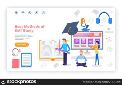 Best methods of self study website with text sample vector. People learning new material with help of gadgets, laptops and online courses on phone. Webpage template, landing page in flat style. Best Methods Self Study Website with Text Sample